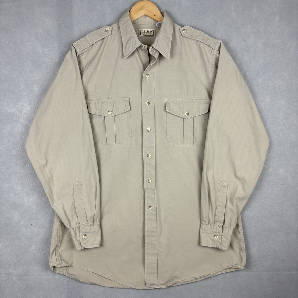 Vintage LL Bean Safari Shirt Mens Large Tall Beige Ripstop Epaulets Made In USA